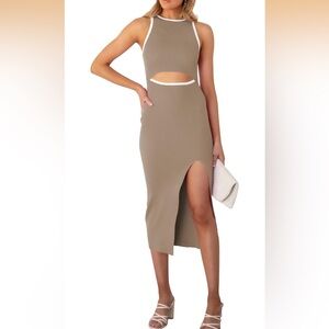 Women’s cutout crew neck sleeveless tank slit ribbed body on midi dress